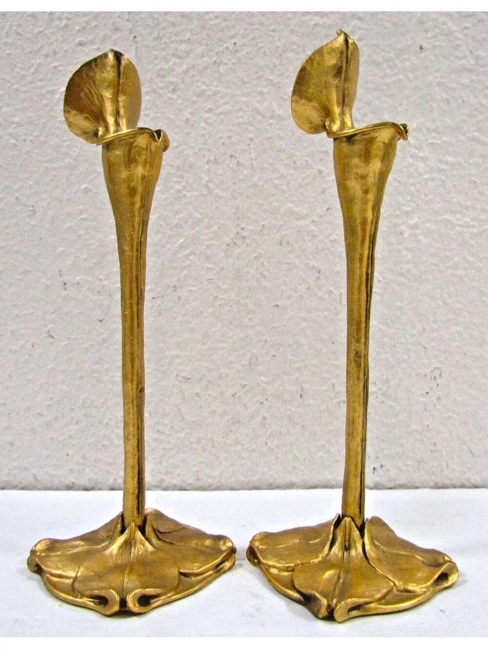 Pair Art Nouveau German Cast Brass Calla Lily Candlesticks attr. Richard Müller